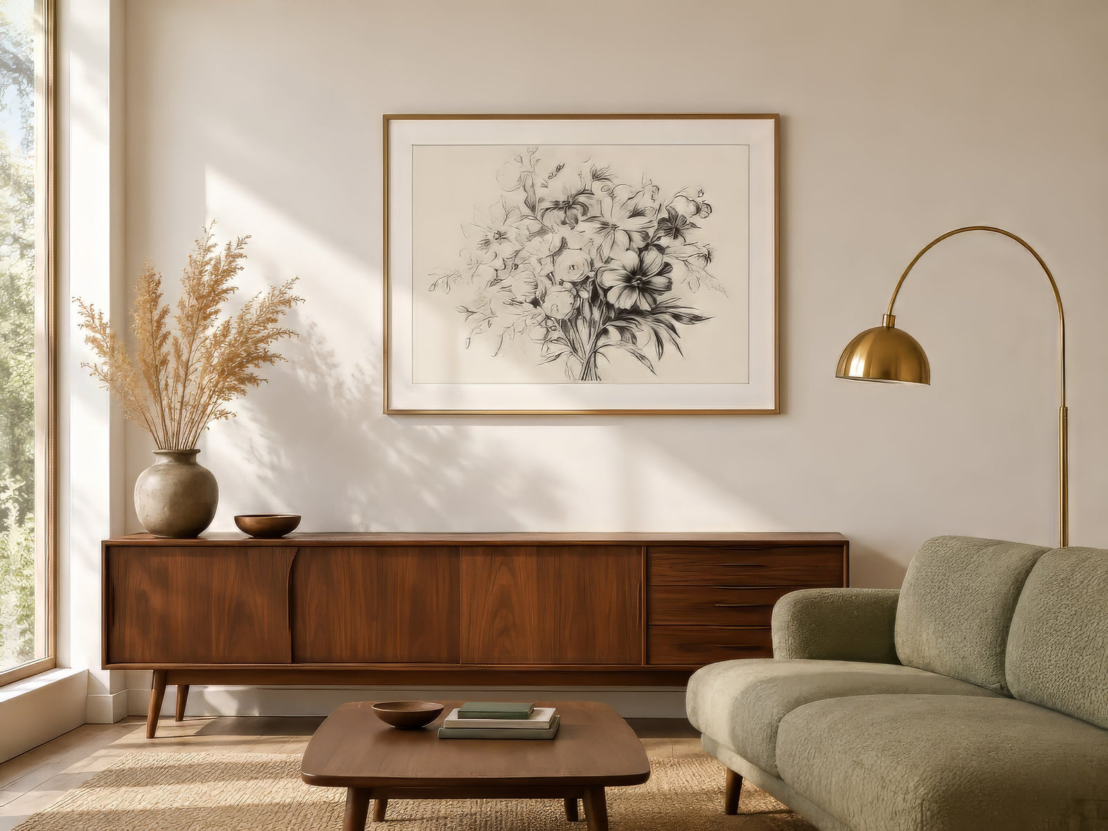 Sepia botanical floral engraving in charcoal gray, framed above a walnut sideboard in a warm refined living room.