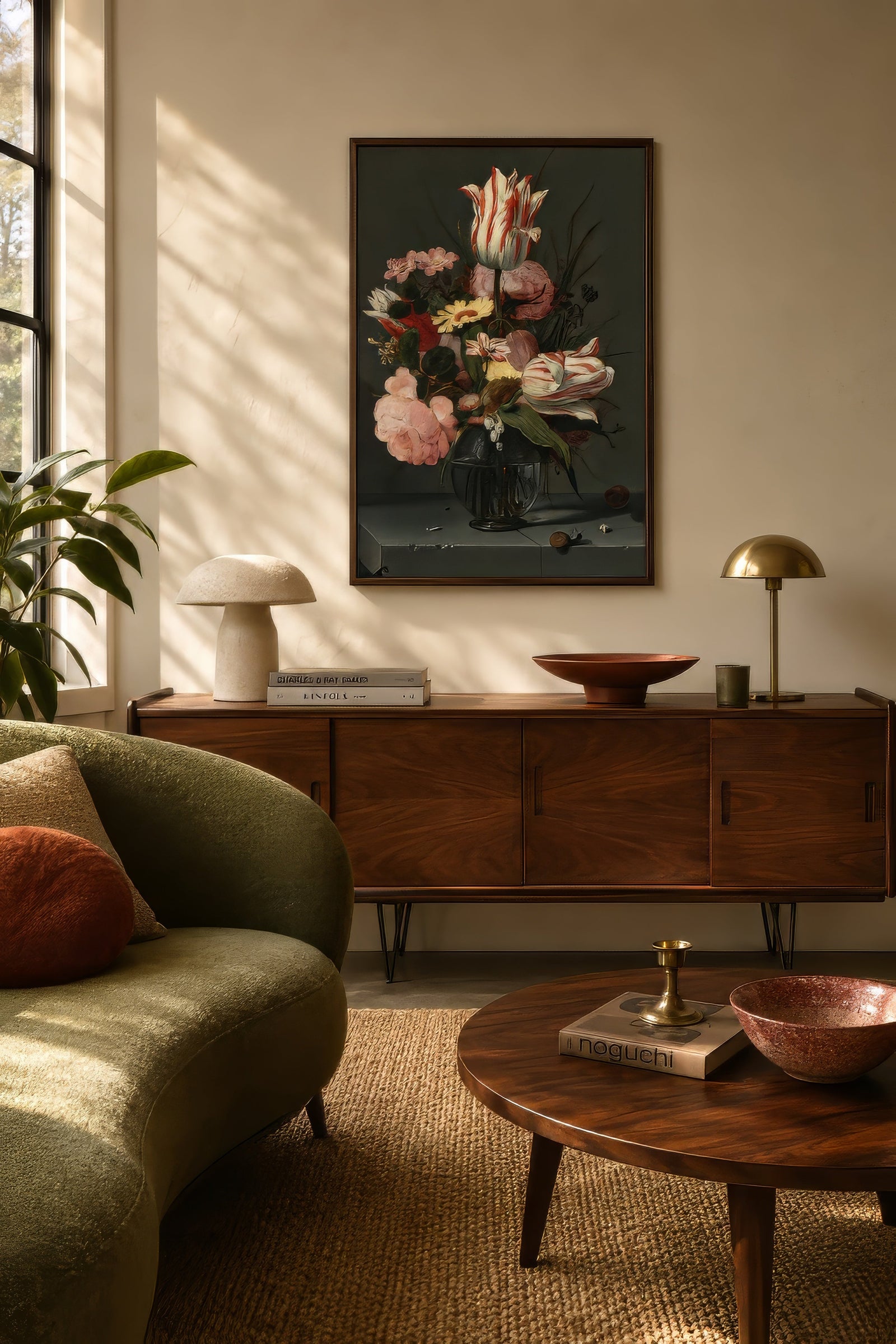 Dark moody floral still life with pink and white flowers in walnut frame above a mid-century sideboard in a warm living room.