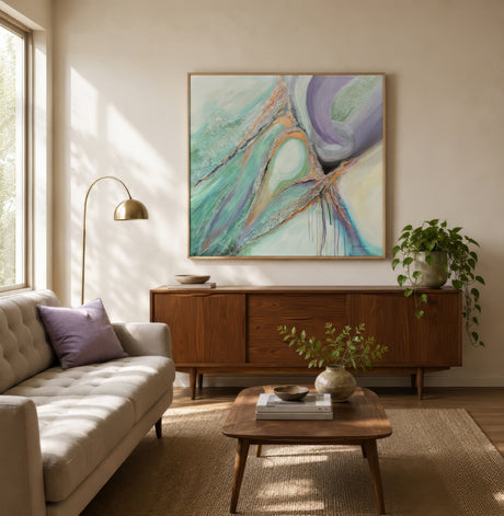 Soothing green and lilac abstract canvas art with copper accents, framed above a walnut sideboard in a calm naturally lit living room.