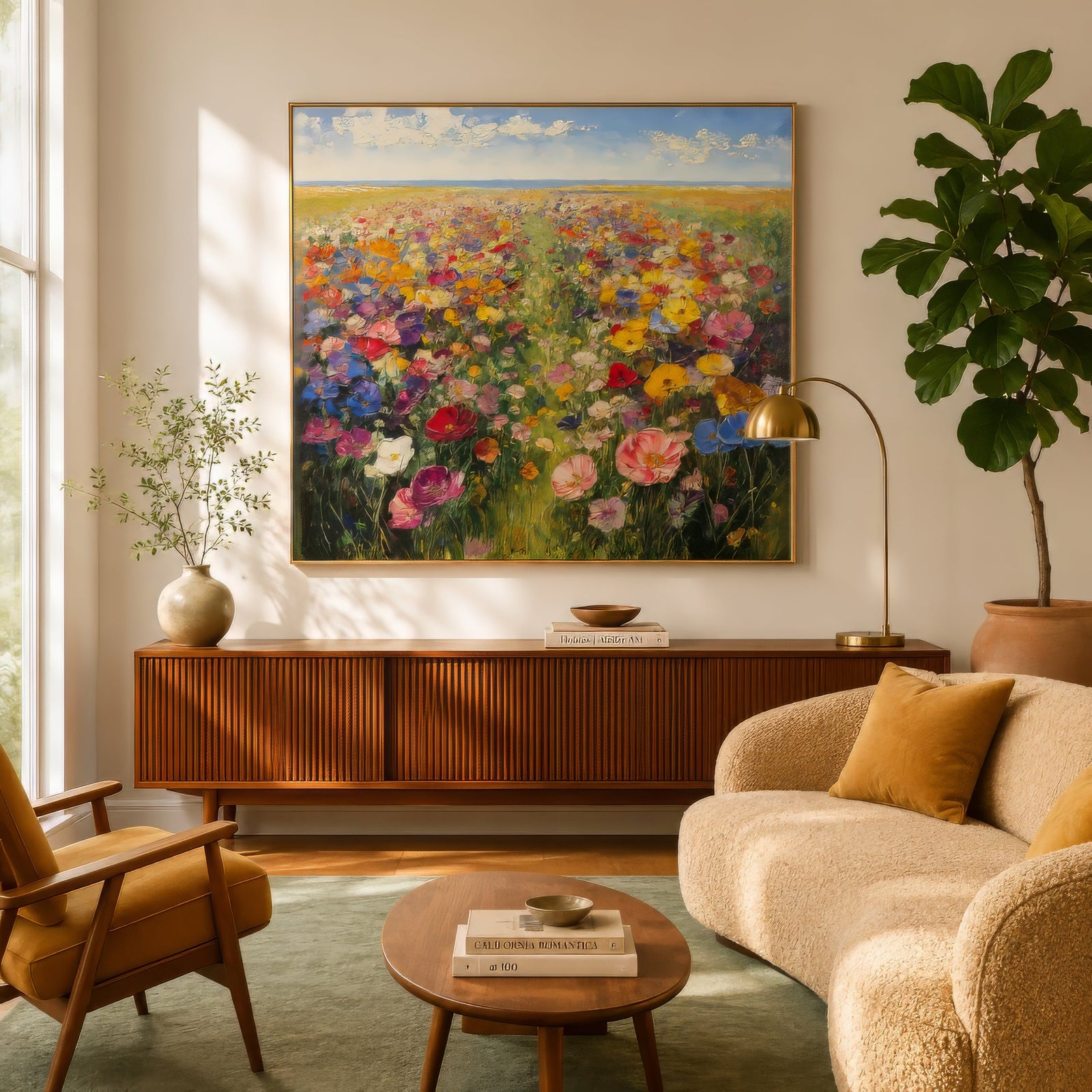 Impressionist wildflower meadow canvas in vibrant pink, yellow, and blue, framed above a boucle sofa in a warm modern living room.