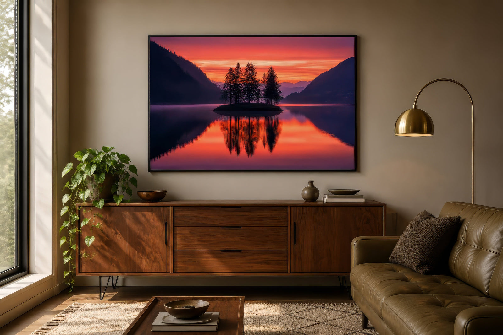 Vibrant sunset lake landscape art with red sky and tree island, framed above wood credenza in warm-toned living room.