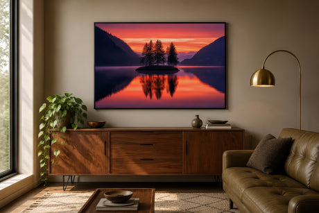 Vibrant sunset lake landscape art with red sky and tree island, framed above wood credenza in warm-toned living room.