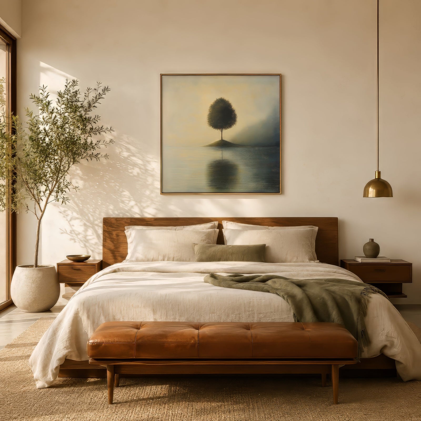 Misty lone tree and lake landscape print in soft gold and green, thin-framed above a linen bed for a restful bedroom.