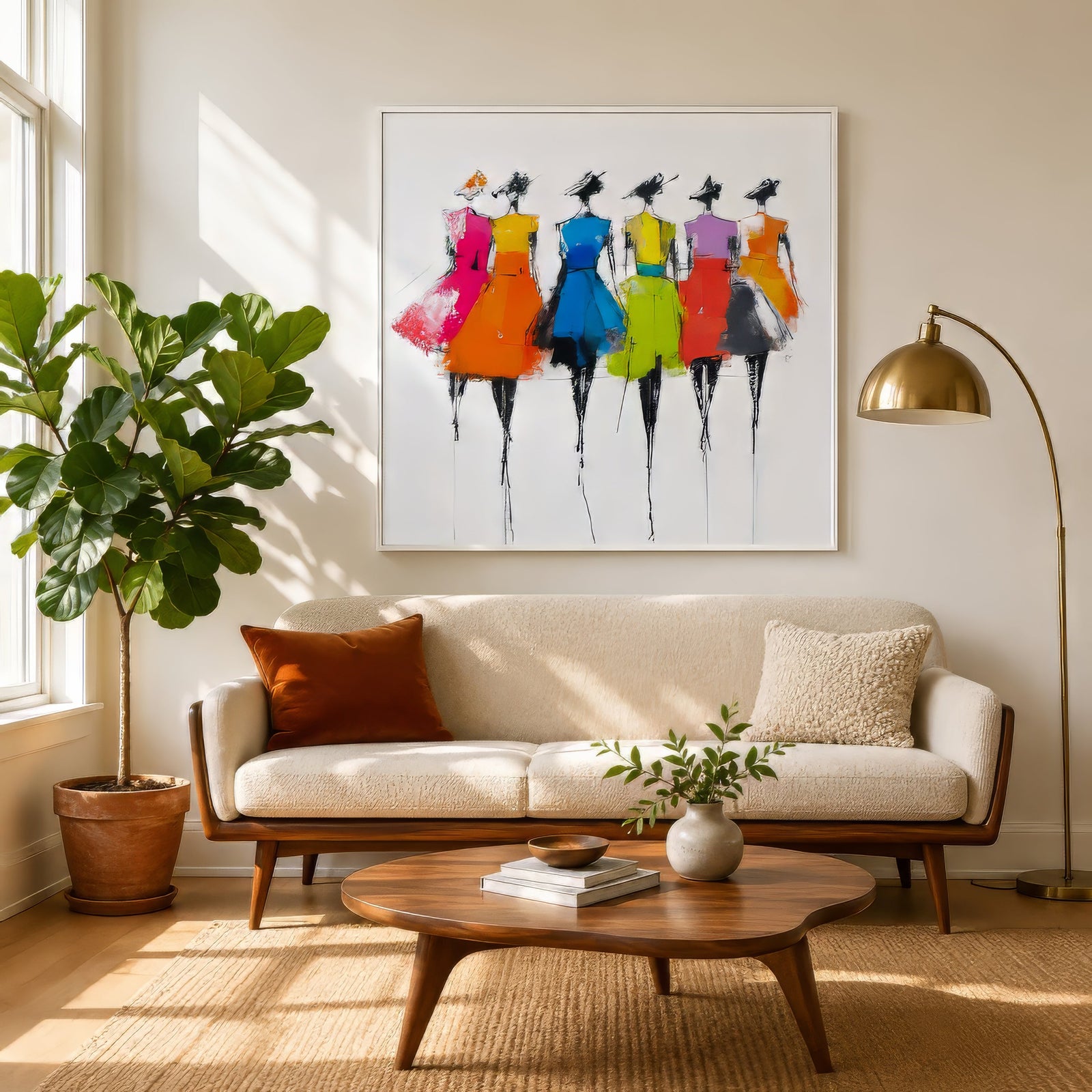 Bright abstract canvas of six fashion figures in pink, orange, and blue, white-framed above a neutral sofa in a sunlit modern living room.