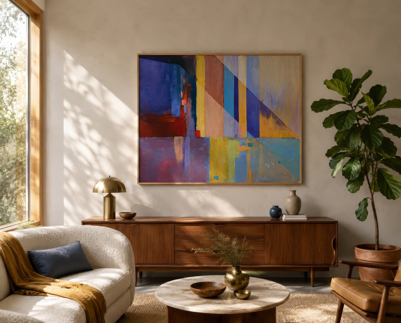 Multicolor geometric abstract canvas in blue, red, and gold on greige living room wall above neutral sofa with coral cushions, sunlit modern mood.