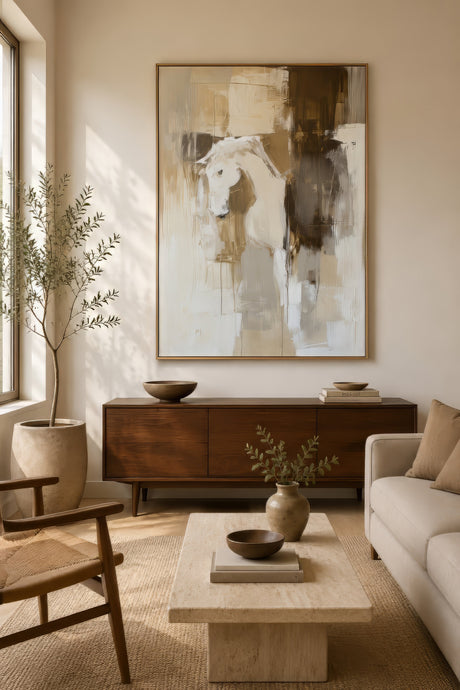 Brown and ivory abstract canvas in gold frame above a linen sofa, oak console, organic modern living room.