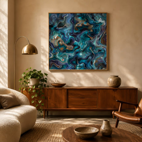 Surreal abstract art canvas with swirling navy, teal, and silver biomorphic forms, framed above a walnut credenza in a warm modern living room.