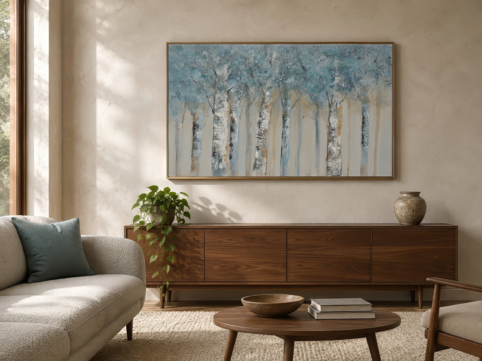 Abstract birch forest landscape canvas in soft blue and beige, framed horizontally above a walnut console in a sunlit living room.