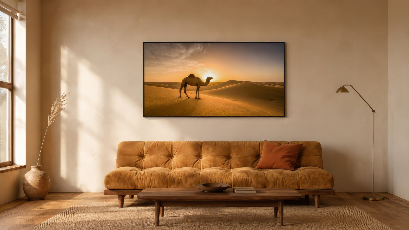 Minimalist desert landscape canvas of a camel on sunset dunes in gold and amber, framed above a tan sofa in a calm living room.