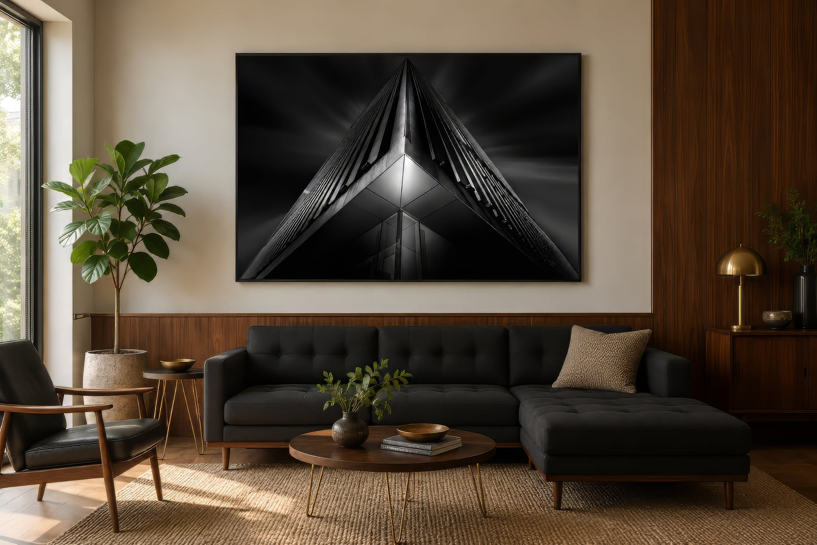 Black and white architectural photography of an angular peaked structure with strong geometric lines, framed above a sofa in a modern living room.