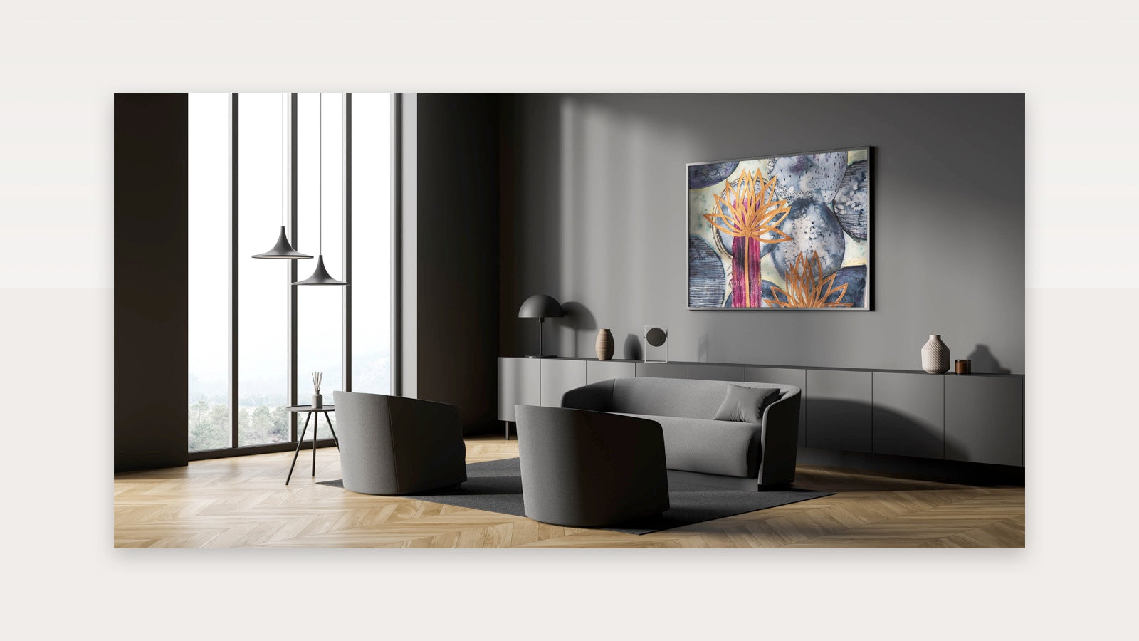 Contemporary Framed Abstract Art - Gold Lotus Over Blue Textures