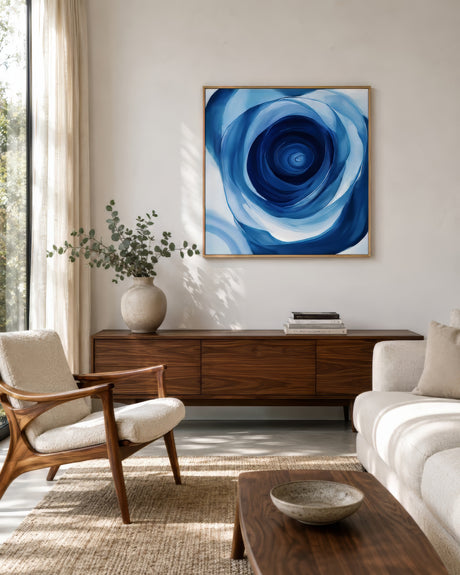 Abstract blue rose swirl wall art in cobalt and white, framed in oak above a walnut console in a minimalist living room.