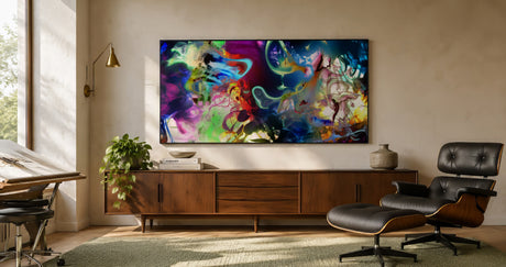 Vibrant abstract canvas in pink and teal with dancing figures, framed widescreen above mid-century credenza in bright modern home studio.