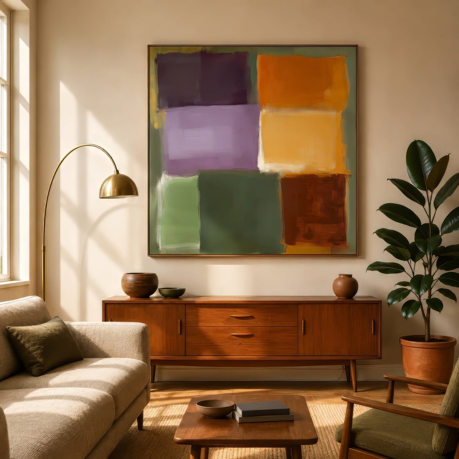 Retro editorial color-block abstract in purple, orange, green, and rust, framed above mid-century console in warm living room.