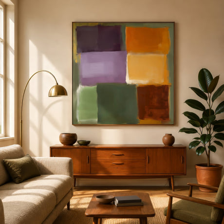 Retro editorial color-block abstract in purple, orange, green, and rust, framed above mid-century console in warm living room.