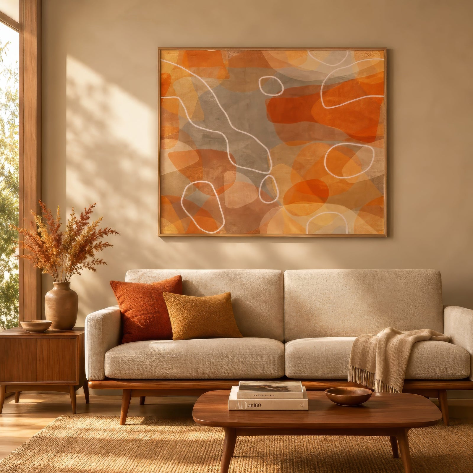 Terracotta and ochre abstract organic canvas in wood frame above oatmeal sofa in cozy minimalist living room
