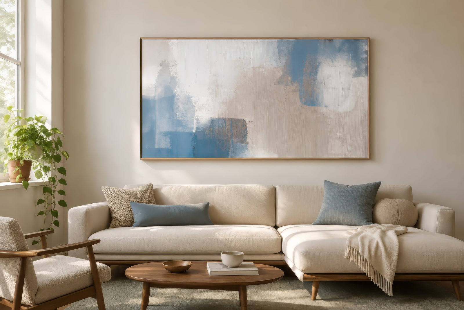 Abstract muted blue and gray landscape canvas in a wood frame above a beige sofa, calm nature-inspired living room.