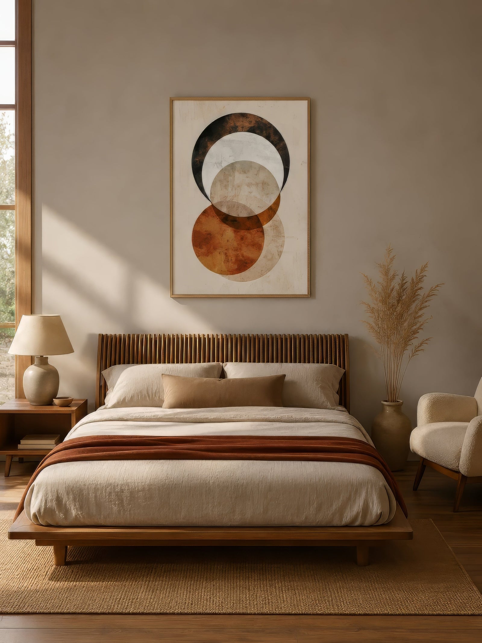 Abstract earthy circle art in beige, brown, and rust, framed above a wooden bed in a warm cozy bedroom.