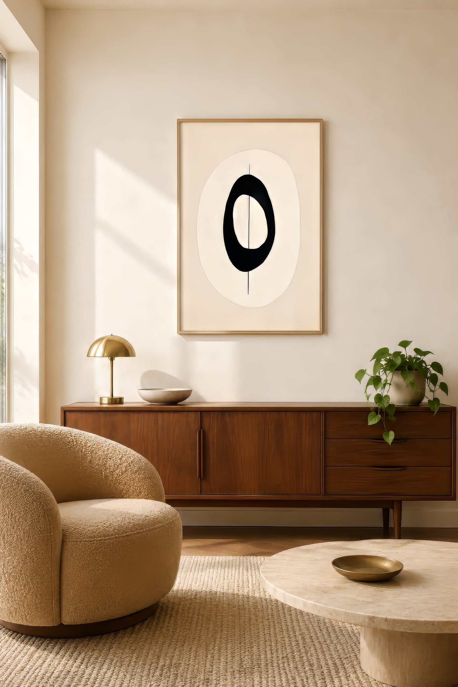 Minimalist abstract canvas with black oval shape on cream, framed in oak above credenza in calm modern living room.