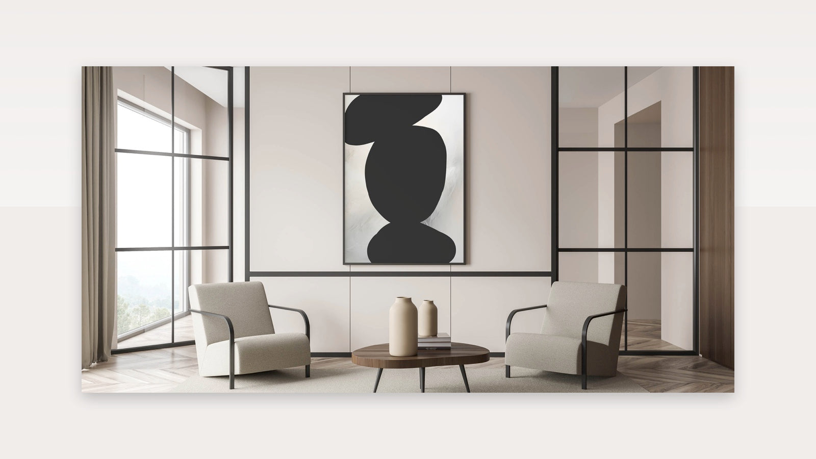 Modern Abstract Art - Bold Black Organic Shapes on White Canvas