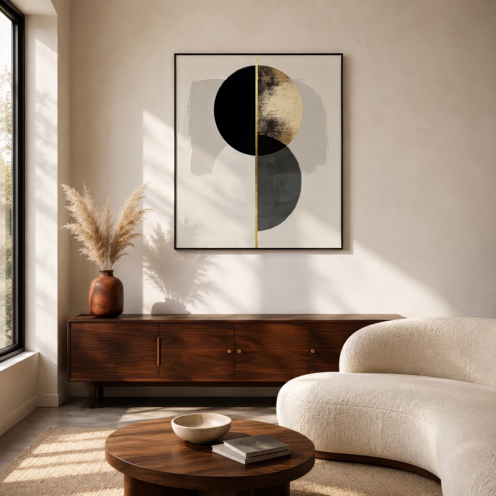 Black and gold abstract circle canvas in slim frame above a wood sideboard in a minimalist living room.