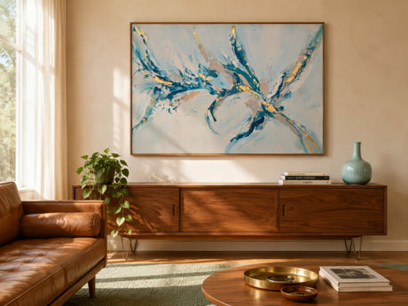 Organic surreal abstract artwork in blue, ivory, and gold above an oak console in a warm sunlit living room.