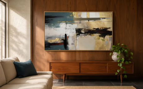 Large abstract statement canvas in teal, gold, ivory, and black, framed above a walnut console in a sophisticated foyer.