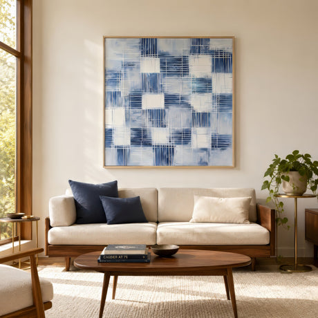 Blue and ivory layered grid geometric canvas in light wood frame above a cream sofa in a modern living room.