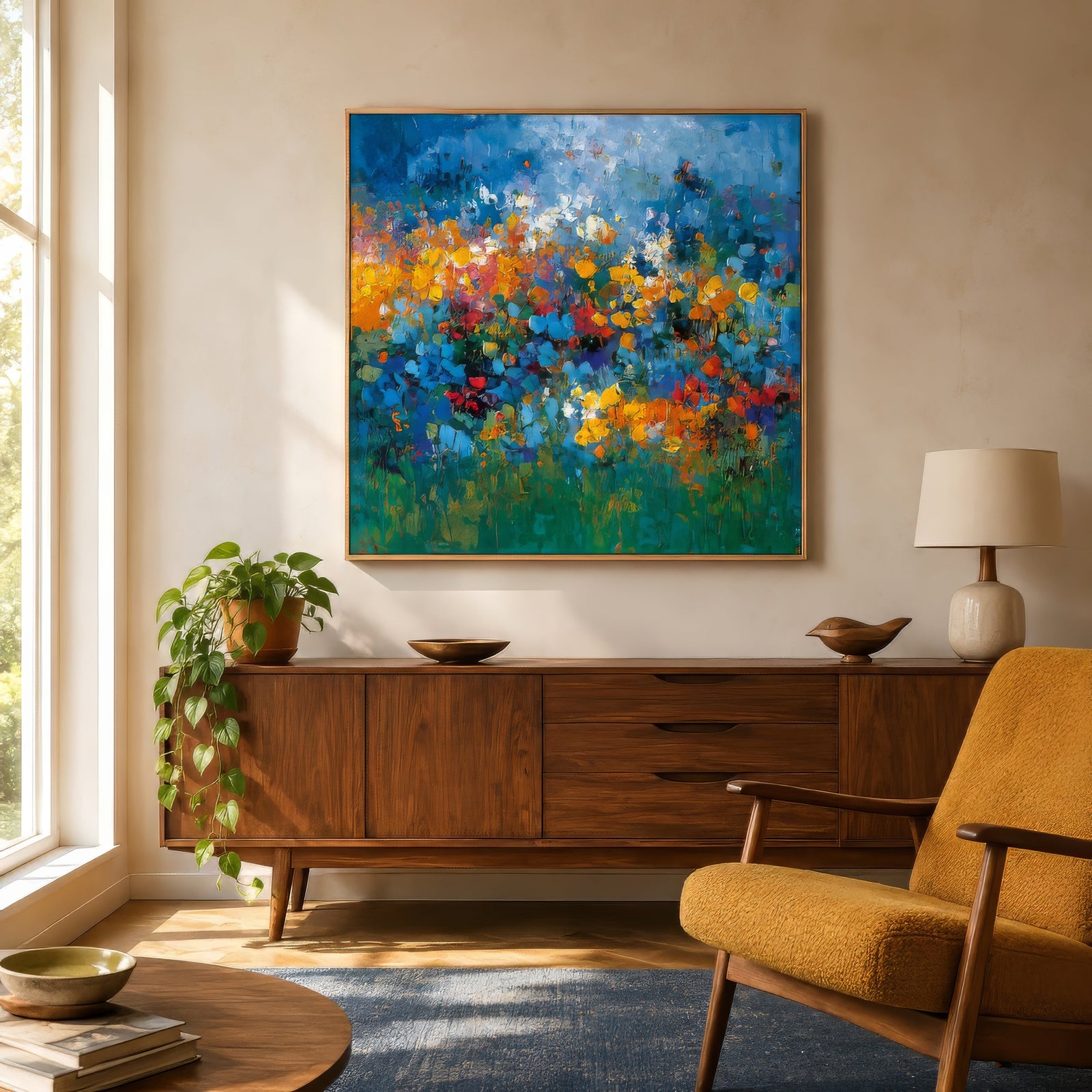 Abstract impressionist wildflower field canvas in blue, yellow, and red, gold-framed above a mid-century sideboard in a sunny living room.