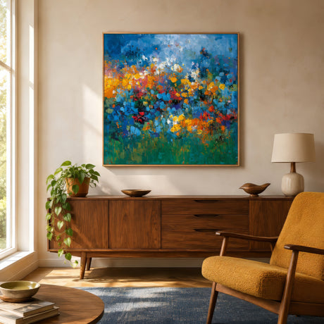 Abstract impressionist wildflower field canvas in blue, yellow, and red, gold-framed above a mid-century sideboard in a sunny living room.