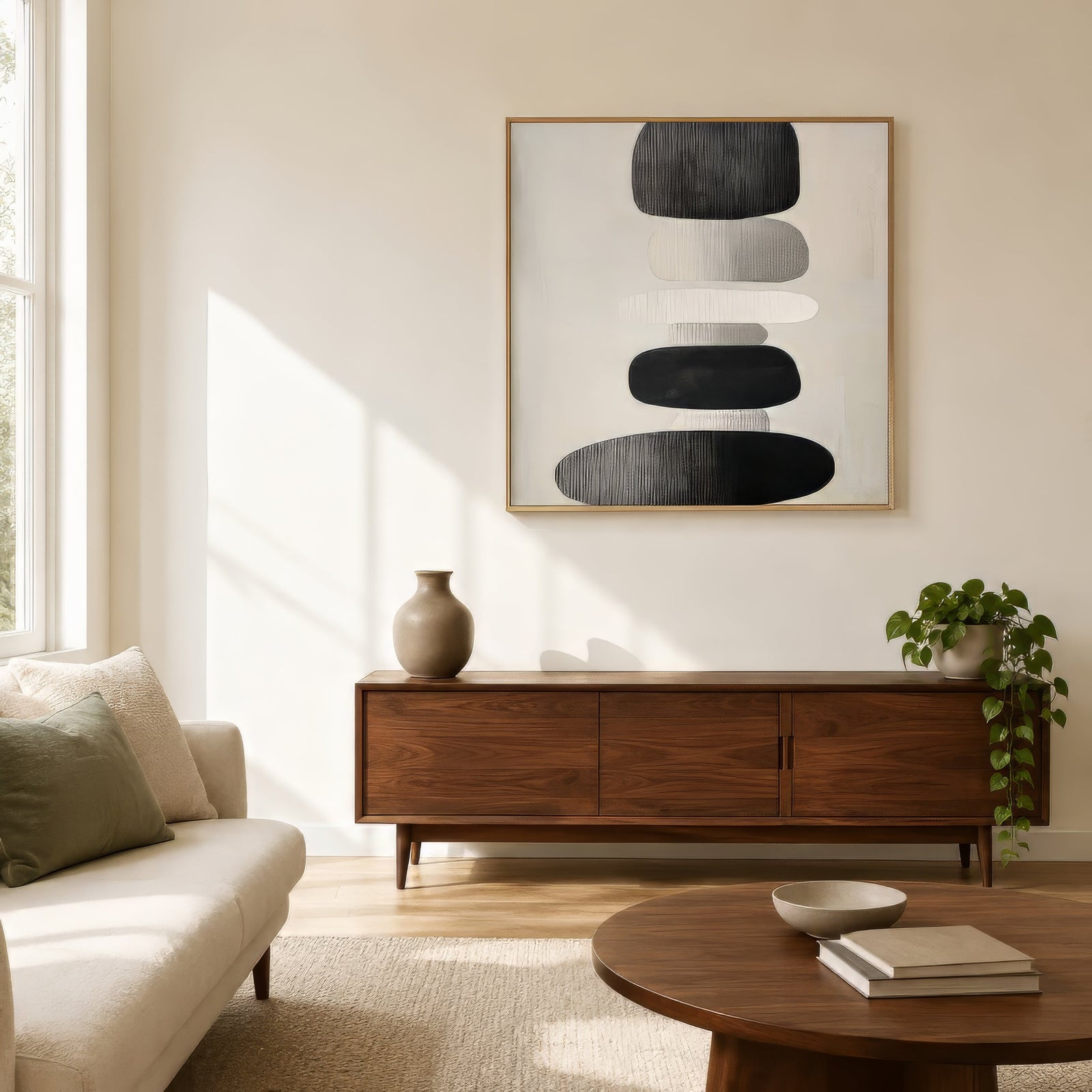 Minimalist abstract canvas of balanced stacked stones in black, grey, and ivory, framed in wood above a walnut sideboard in a calm modern living room.
