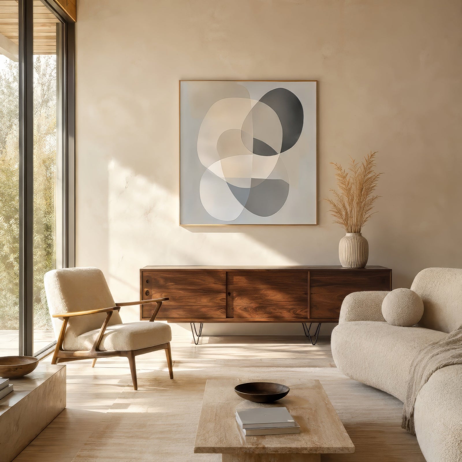 Minimalist abstract canvas with layered circles in muted grey and beige, framed above a walnut credenza in a calm earthy living room.