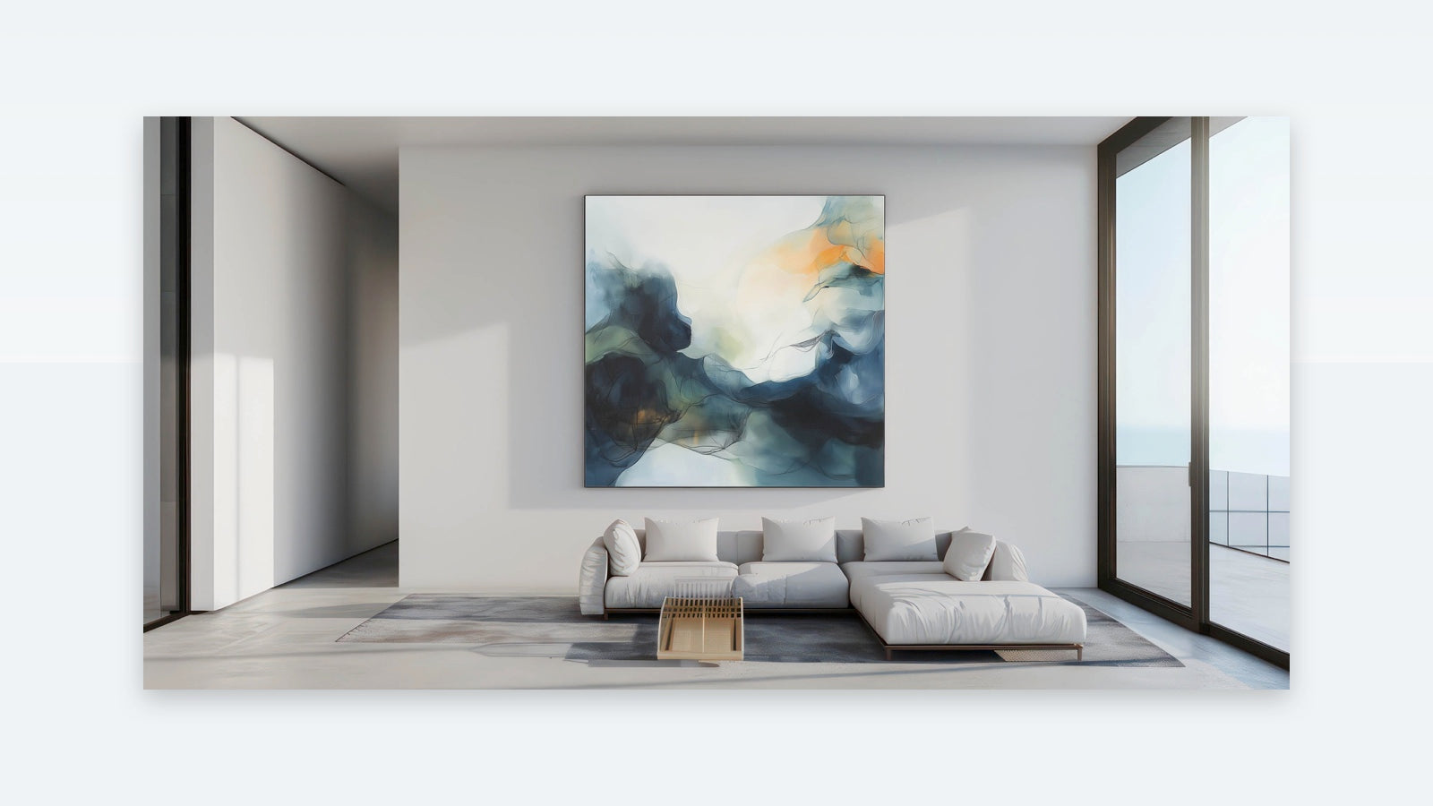 Contemporary Abstract Canvas - Fluid Blue, Orange & White Motion