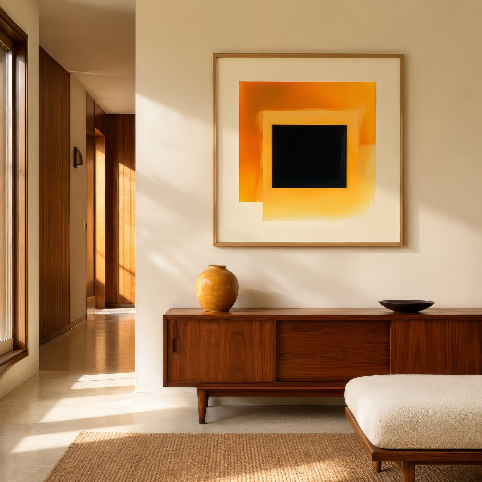Abstract orange and gold canvas with central black square, framed in wood above a teak credenza in a sunlit hallway.