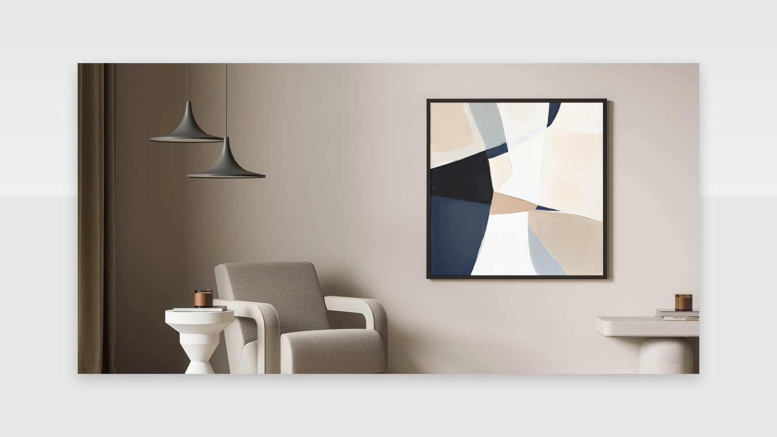Minimalist Abstract Wall Art - Neutral Beige and Navy Canvas