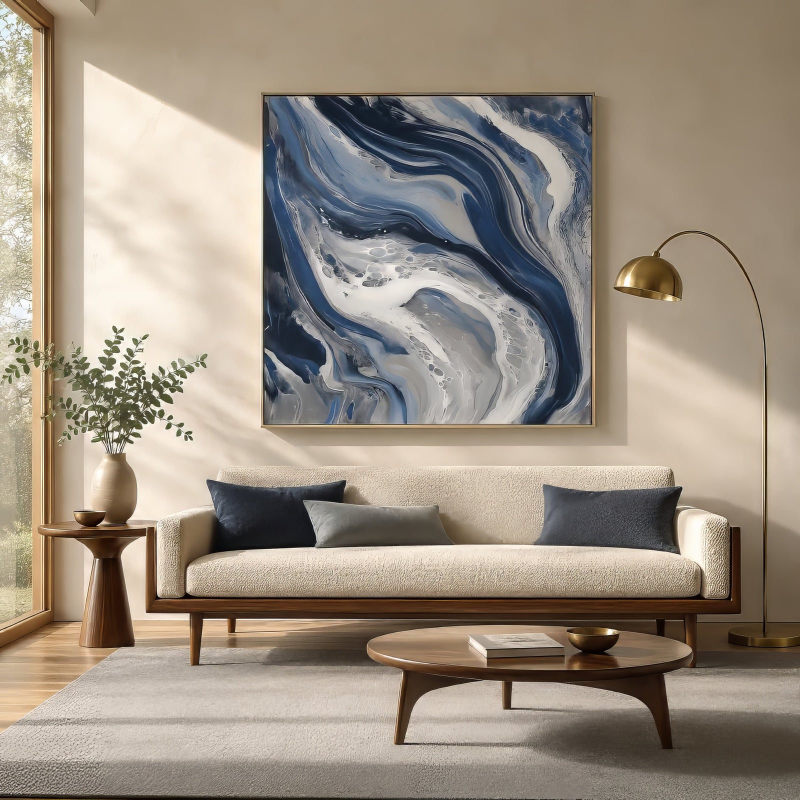 Navy and gray fluid organic abstract canvas with marbled swirls, framed above neutral sofa in a calm light-filled modern living room.