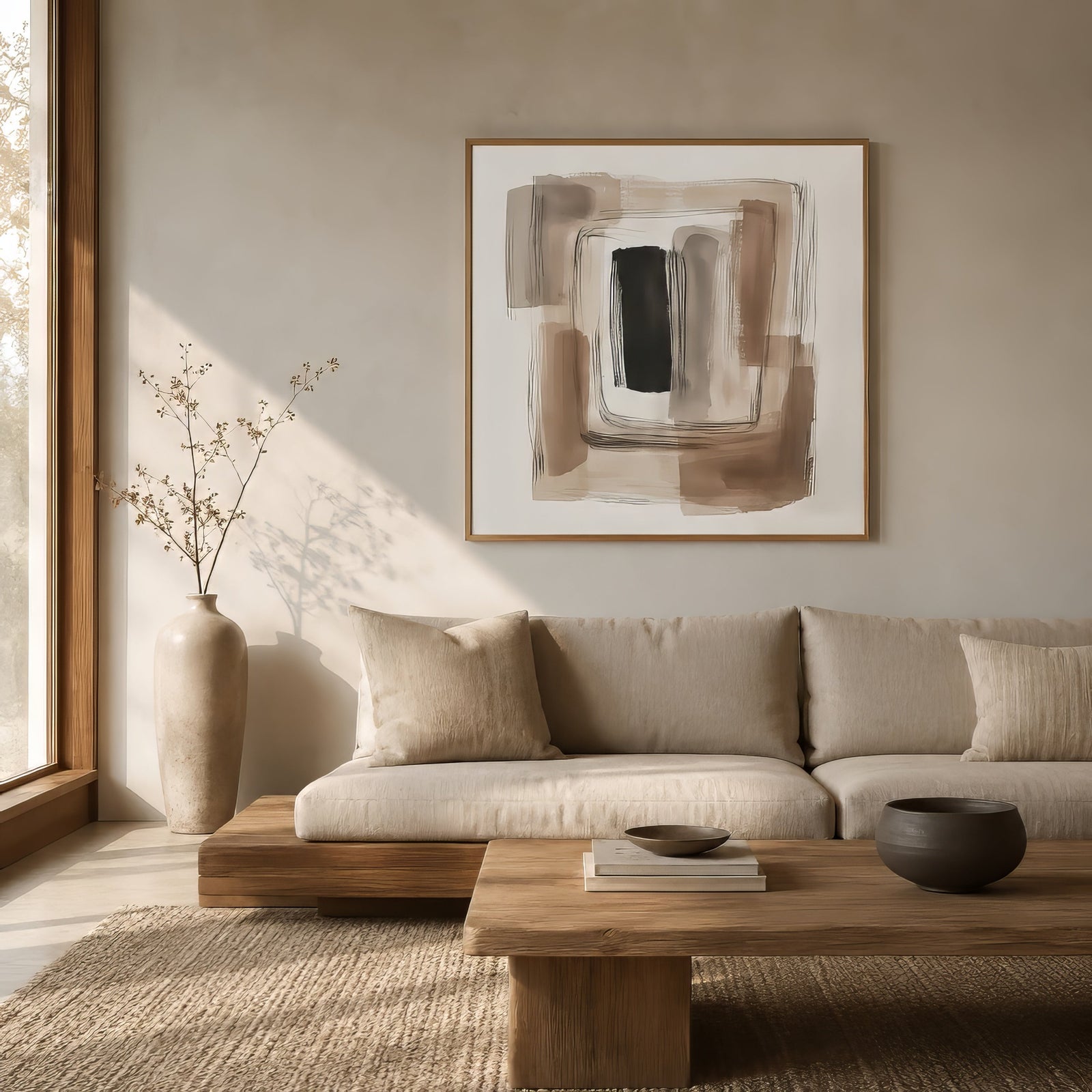 Warm neutral abstract art in taupe, beige and black above an oak sideboard in a calm Japandi living room.