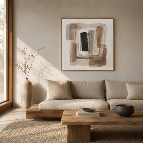 Warm neutral abstract art in taupe, beige and black above an oak sideboard in a calm Japandi living room.