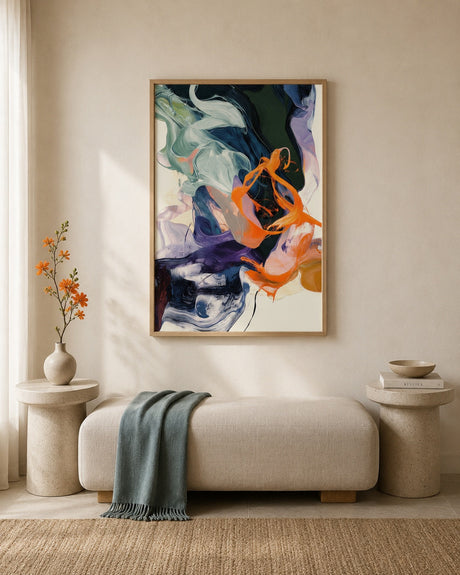 Large contemporary fluid abstract print in navy, purple, green and orange, framed in light wood above a boucle bench in a warm neutral living room.