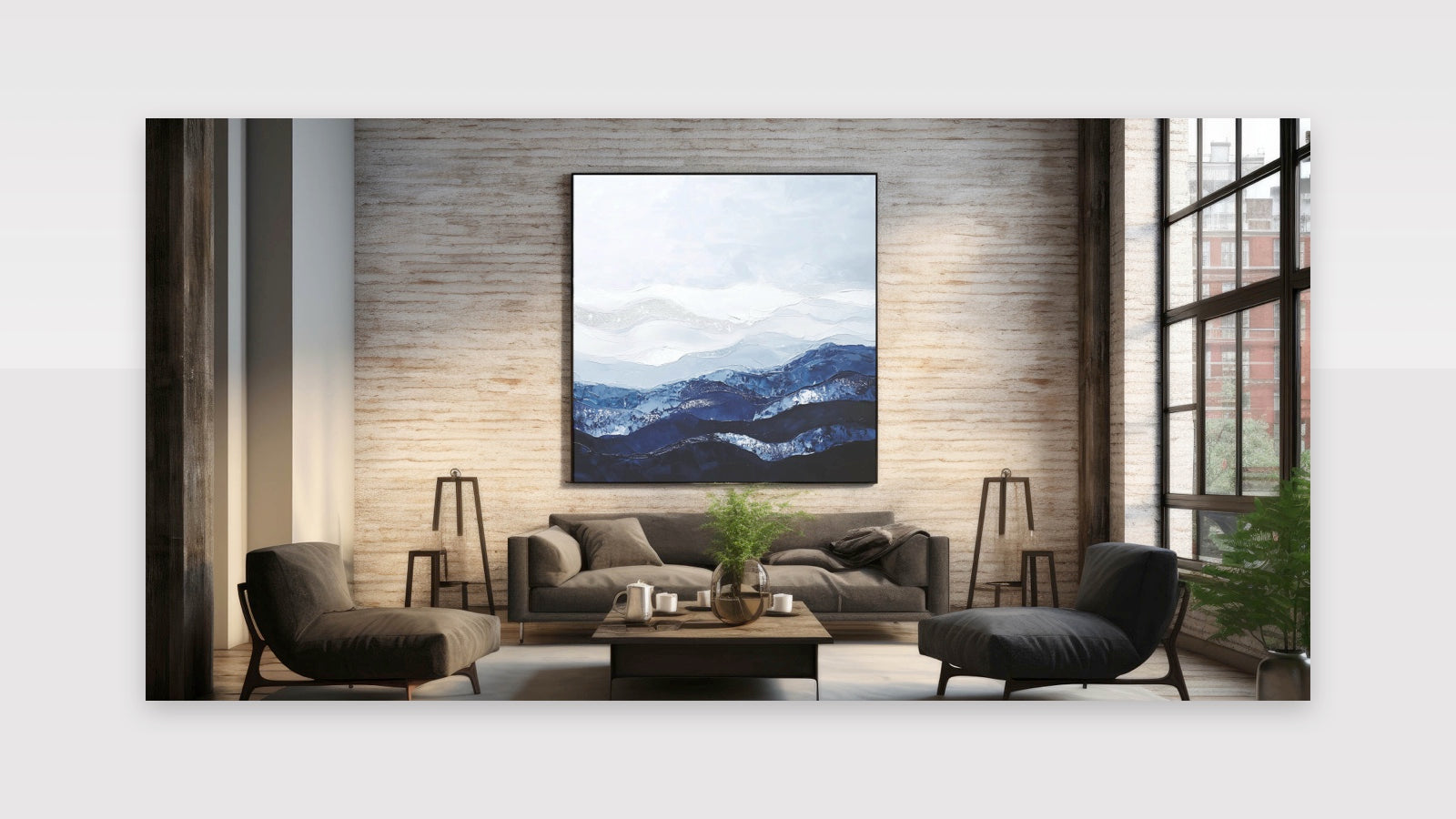 Contemporary Abstract Canvas - Blue and Silver Mountain Art