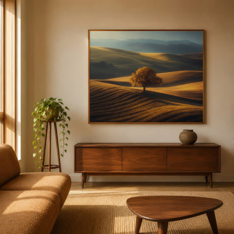 Minimalist landscape canvas of a solitary tree on rolling golden hills, framed above a walnut console in a warm modern living room.