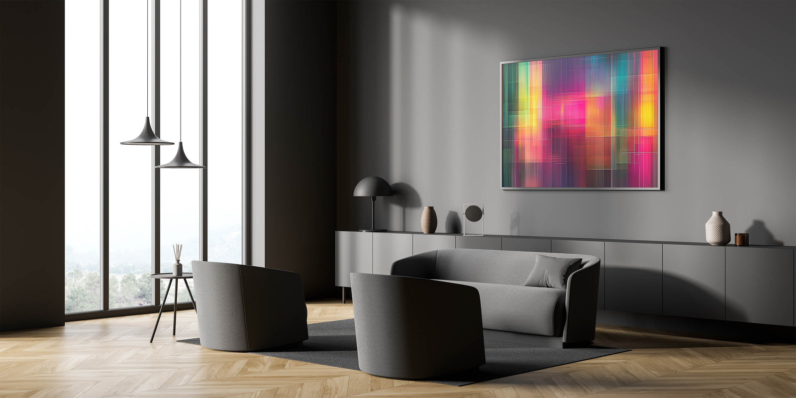 Modern Abstract Canvas Prints – Color Grid Linework Composition