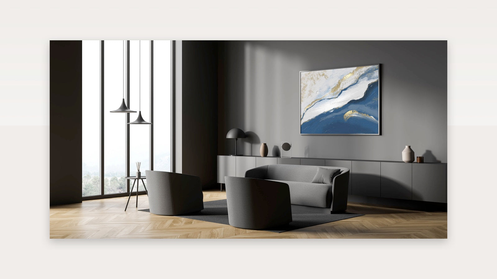 Earthen Harmony Abstracts - Navy Blue and Gold Modern Wall Art