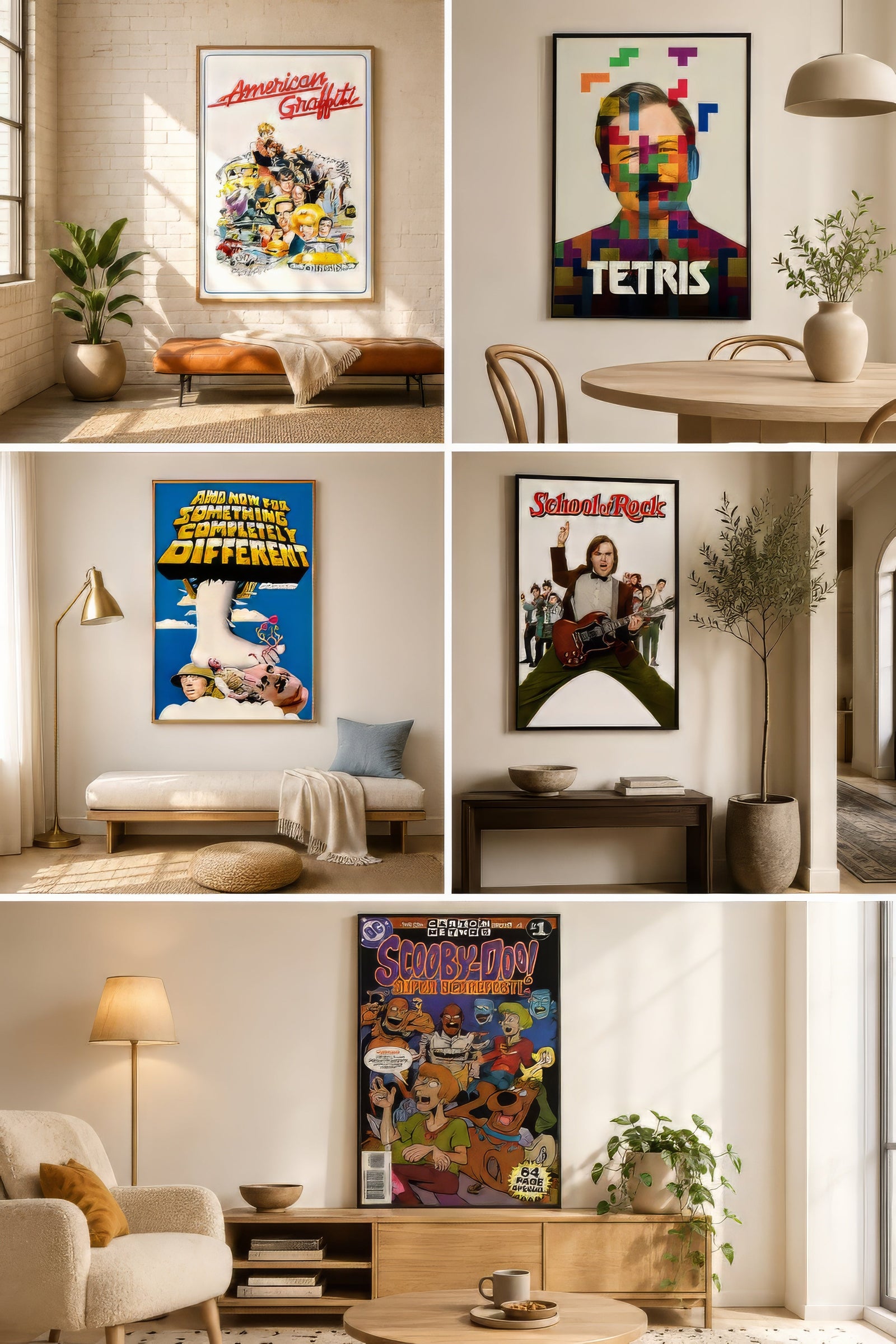 Grid of framed vintage movie and game posters in bold reds, blues, and yellows styled across a warm city apartment.