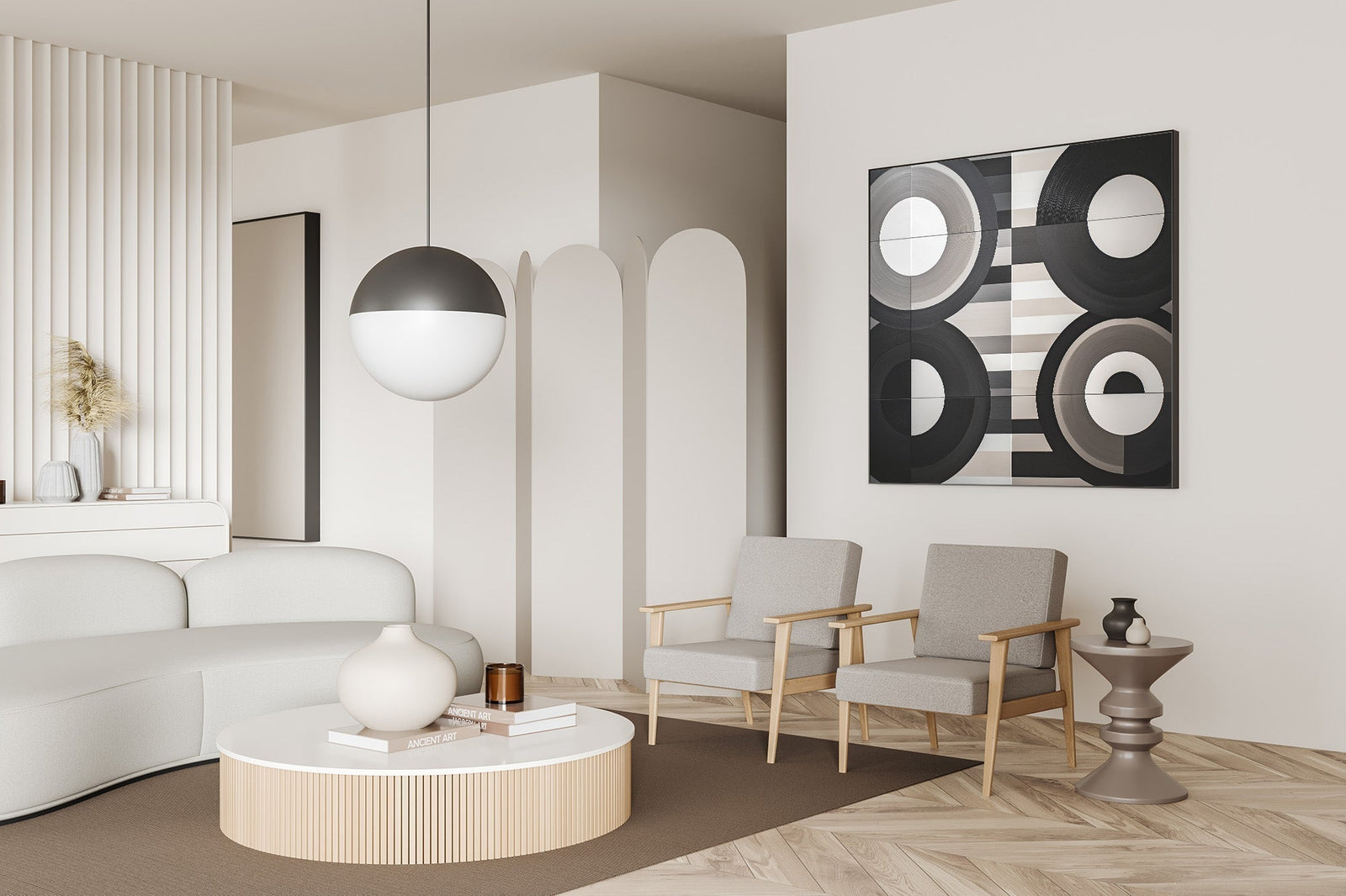 Bold black and white abstract wall art above natural wood chairs in a white room