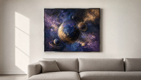 Abstract space art canvas featuring swirling cosmic planets in deep blues, purples, and gold tones mounted on a modern.