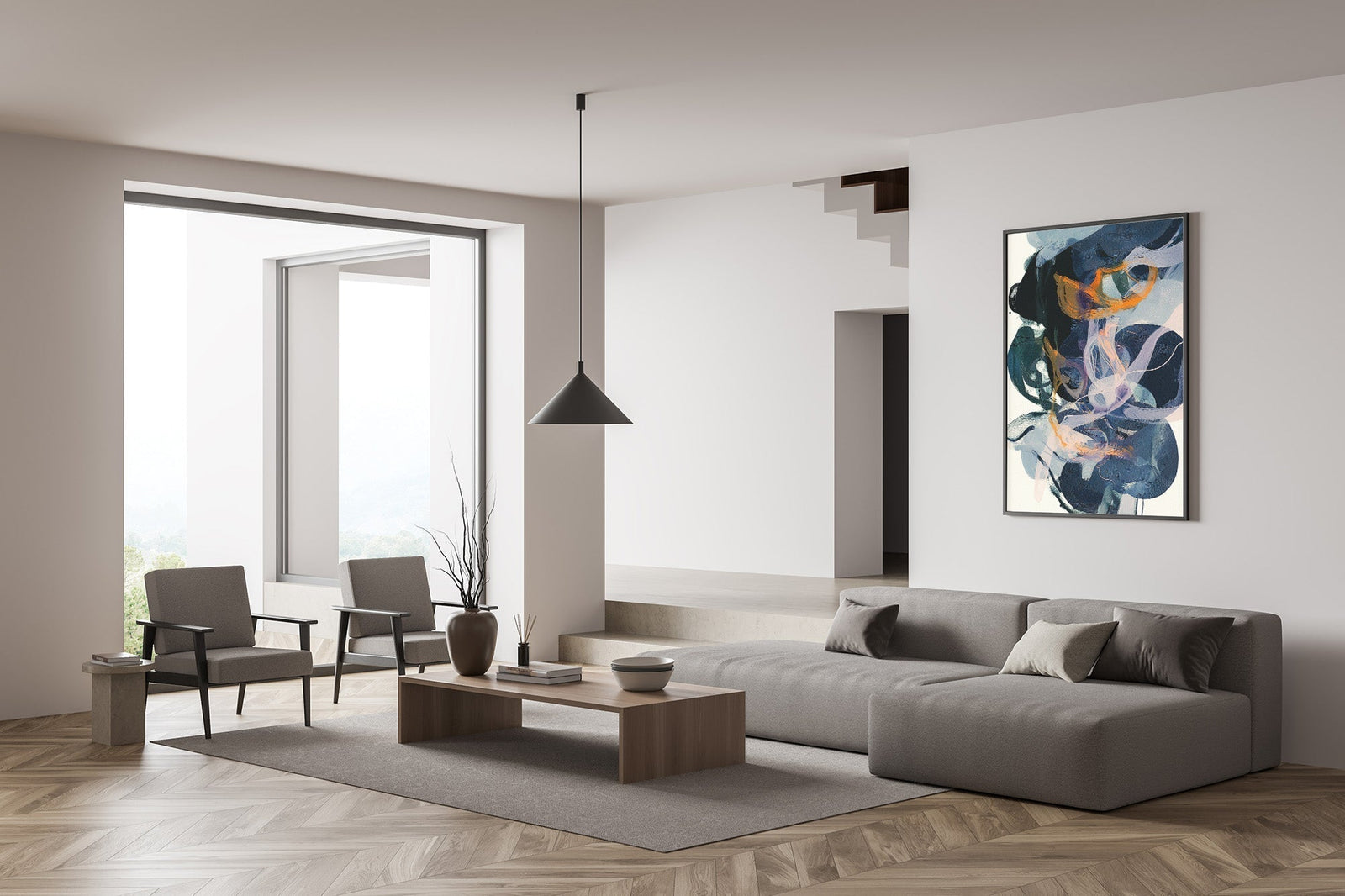 Colorful abstract wall painting in a bright modern living room with neutral furniture