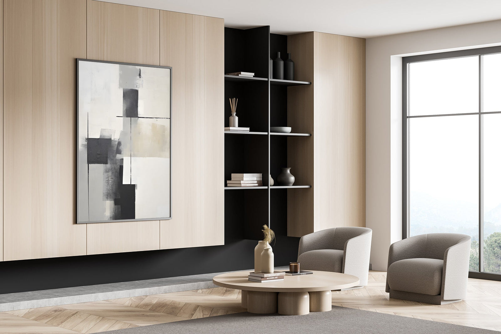 Black and white geometric wall art in a modern living room with minimalist decor