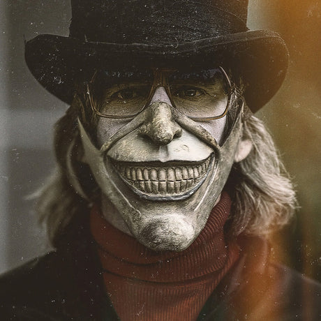 2020s collection wall art featuring a supervillain's masked facial expression with moustache, lips, and tooth on canvas print.