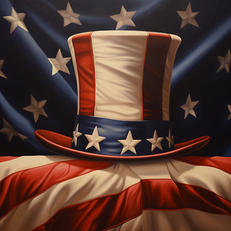 American flag wall art featuring a costume hat for 4th July or Flag Day celebrations